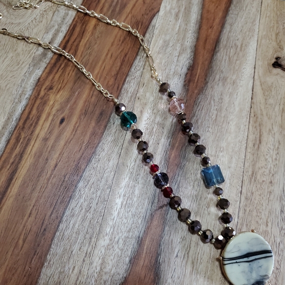 Bold Statement Pendant Necklace Celluloid & Stone Mix Media Gold Link Chain - Picture 7 of 9